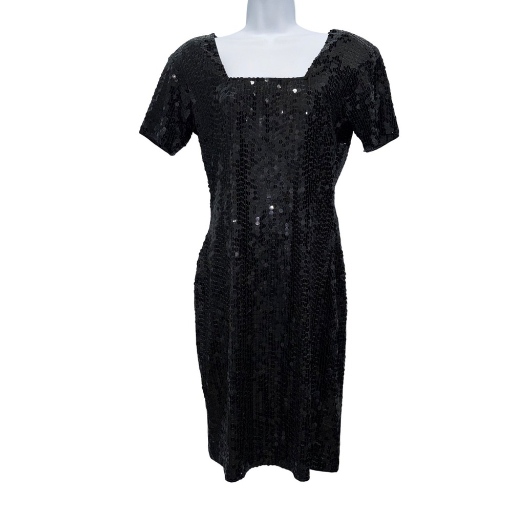 Vintage NEW Nite Line Black Sequin Square‎ Neck Dress Cocktail Event LBD Size 12